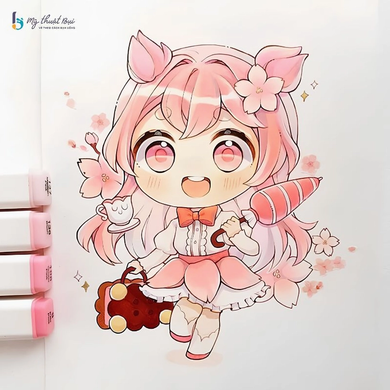 Hình chibi nữ ngộ nghĩnh đang thưởng thức một ly trà sữa.