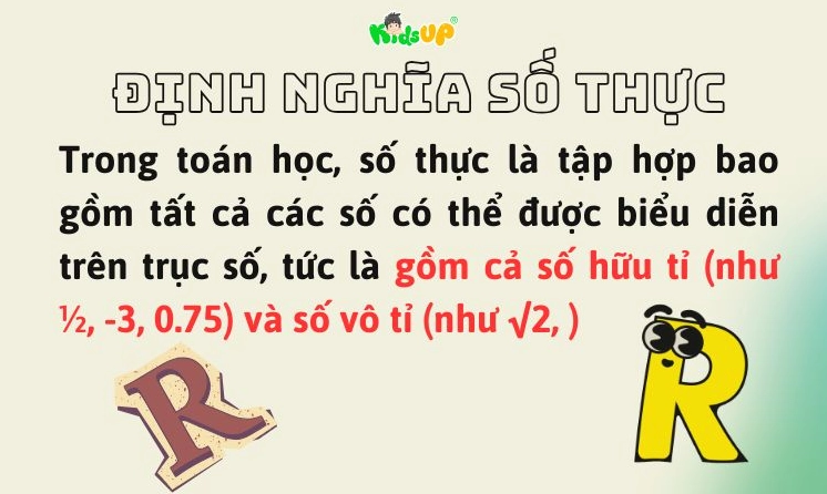 Minh họa khái niệm số thực, bao gồm số hữu tỉ và số vô tỉ