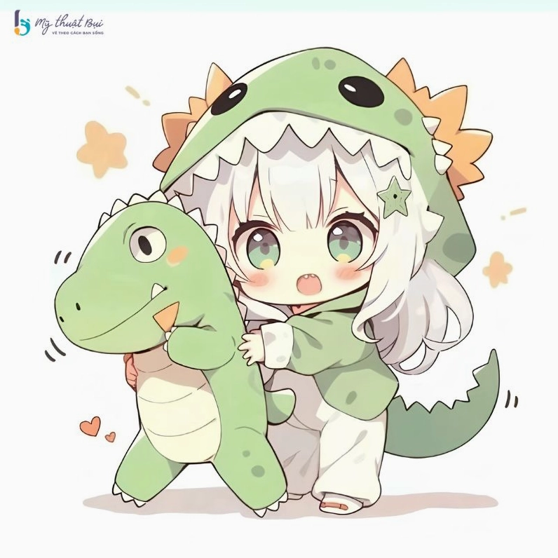 Một cô bé chibi nữ mặc trang phục truyền thống với vẻ mặt dịu dàng.