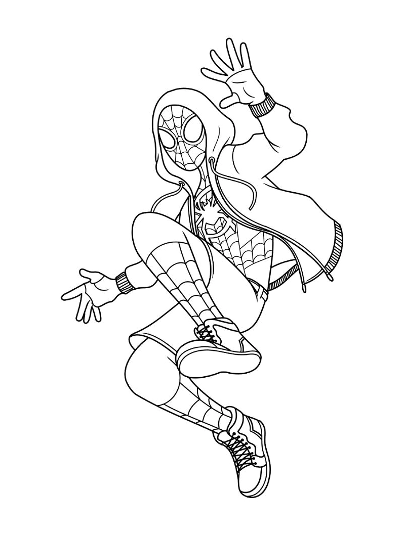 Tranh tô màu Người Nhện Miles Morales trong bộ trang phục đen đỏ đặc trưng.
